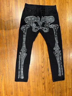 Black Jeans with Paisley Skeleton Bone Graphic