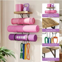 Bikoney Yoga Mat Holder Wall Mount Yoga Mat Storage Home Gym Accessories with Wood Floating Shelves and 4 Hooks for Hanging Foam Roller and Resistance