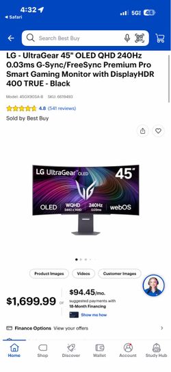 LG UltraGear 45" OLED QHD 240Hz Gaming Monitor