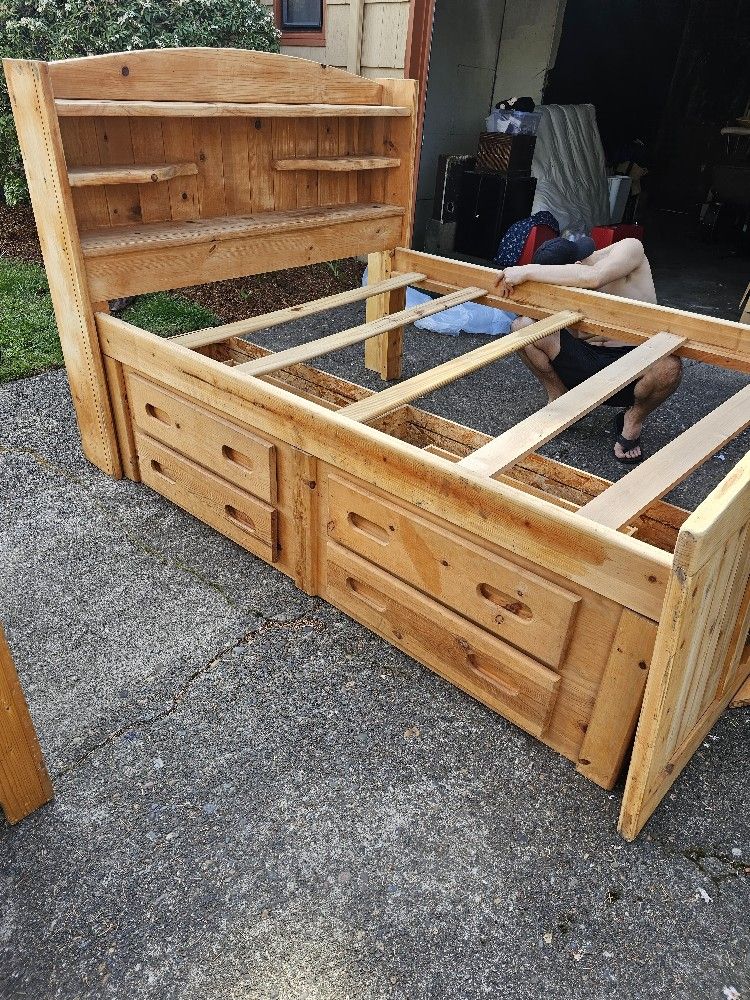 Pine Full Bed Frame With Drawers Storage