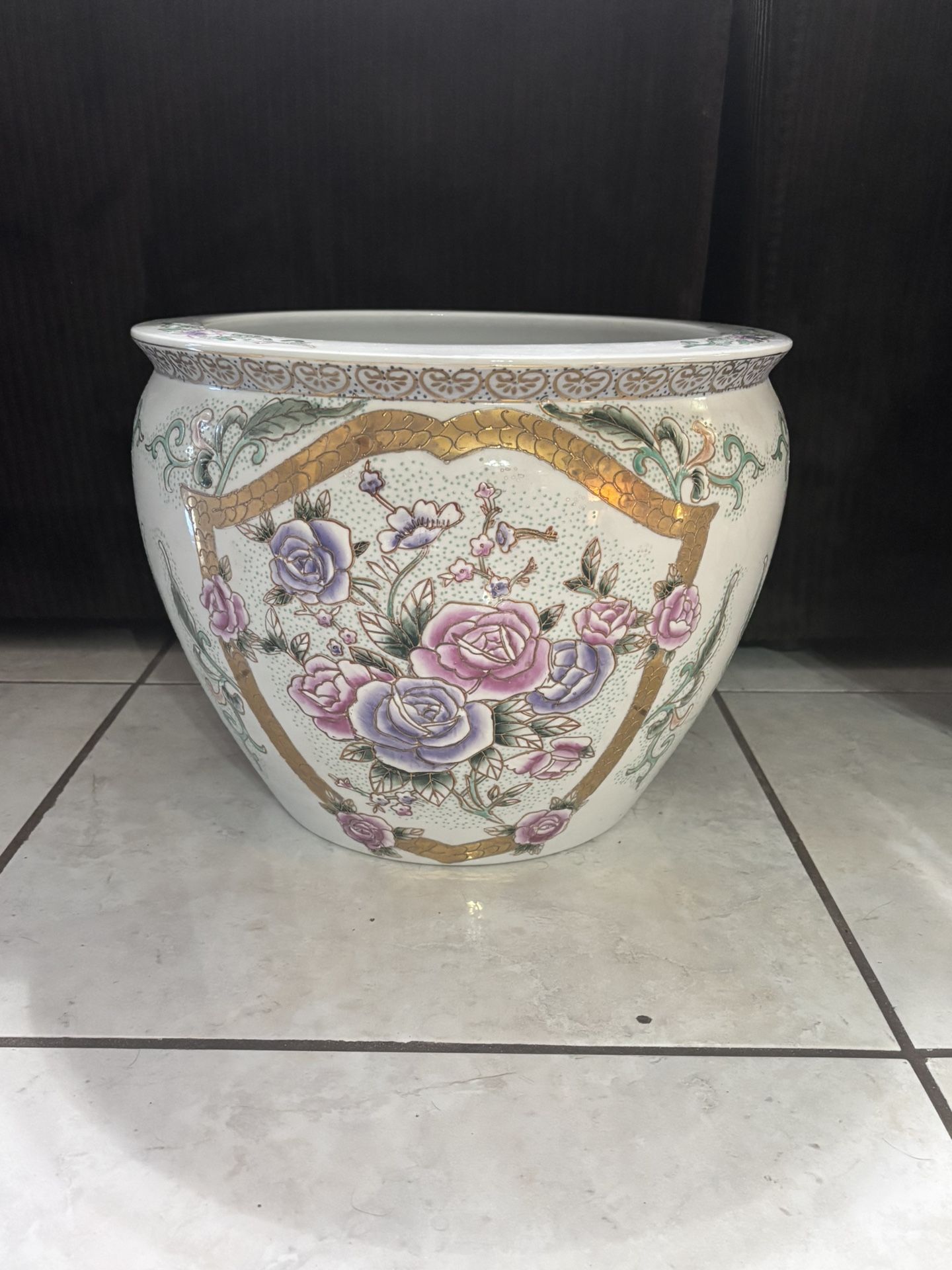 Vintage Koi Planter Porcelain Gold Frame Rose Vase 11”H 14” in diameter