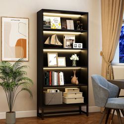 Tall Bookcase with LED Lights, 5 Tier Bookshelf with Storage, Heavy Duty Wood Bookshelf with Adjustable Lighting, Freestanding Display Cabinet for Liv