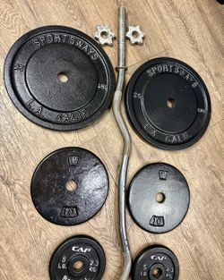 Standard Curl Bar [Gently Used]with Cast Iron Weight Plates of 25s, 10s and 5 lbs. in NEW Condition Total= 94 lbs