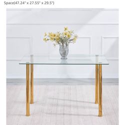 47.24” Glass Dining Table With Clear Glass And Golden Legs