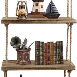 Wall Hanging Shelf, 3 Tier Distressed Wood Swing Storage Shelves Jute Rope Organizer Rack, Rustic Home Wall Decor (Natural)