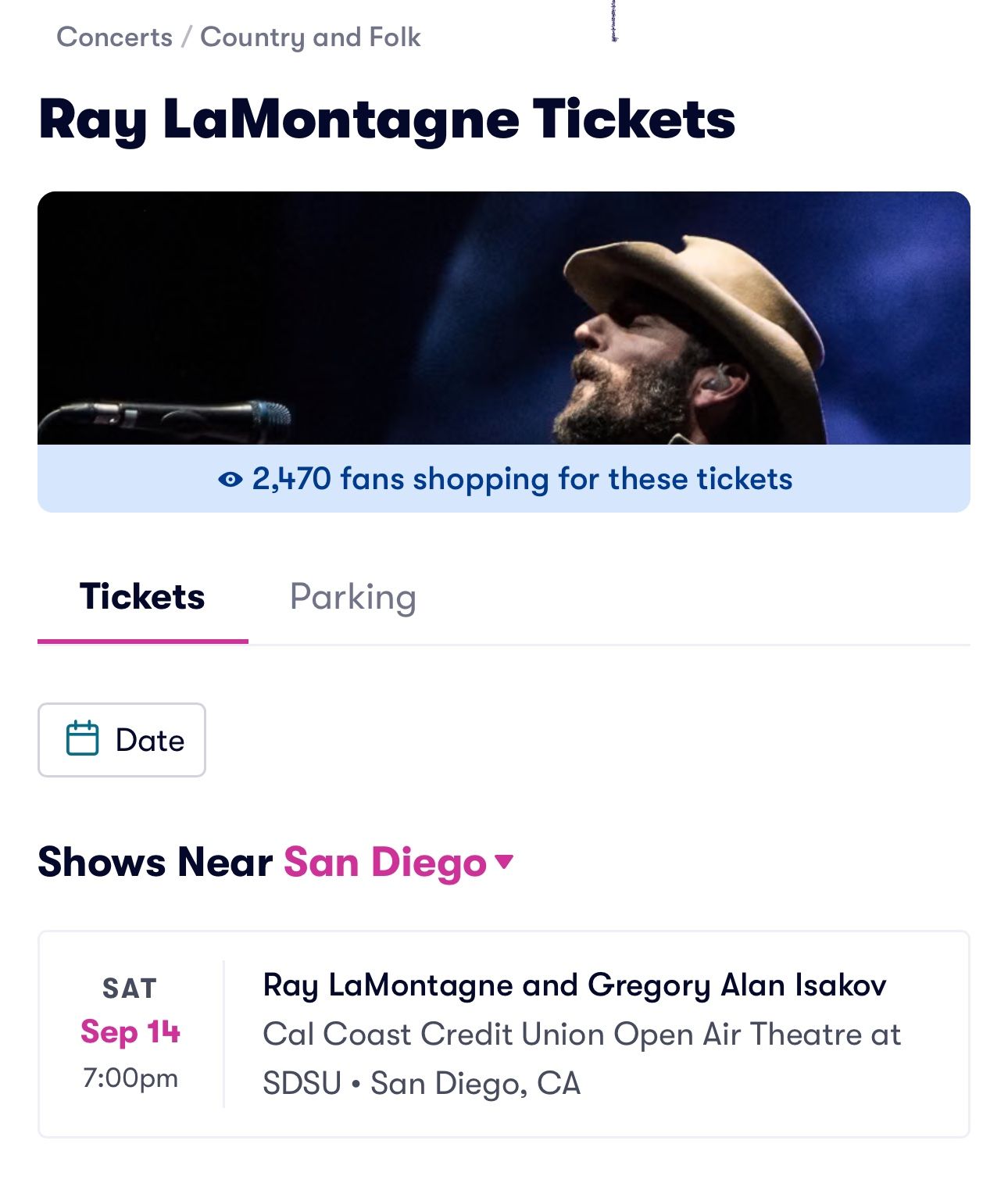 Ray Montagne Concert tickets, Sat 9/14