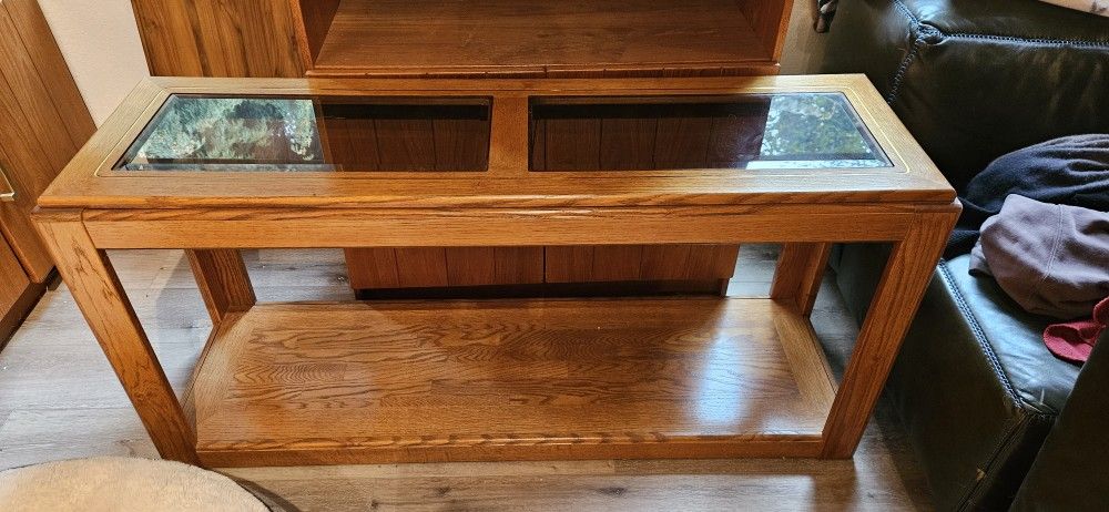 MCM Solid Wood Sofa Table w/ Smoked Glass
