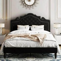 Queen Bed Frame, Velvet Tiara Upholstered Diamond Button Tufted Headboard, No Box Spring Needed, Black