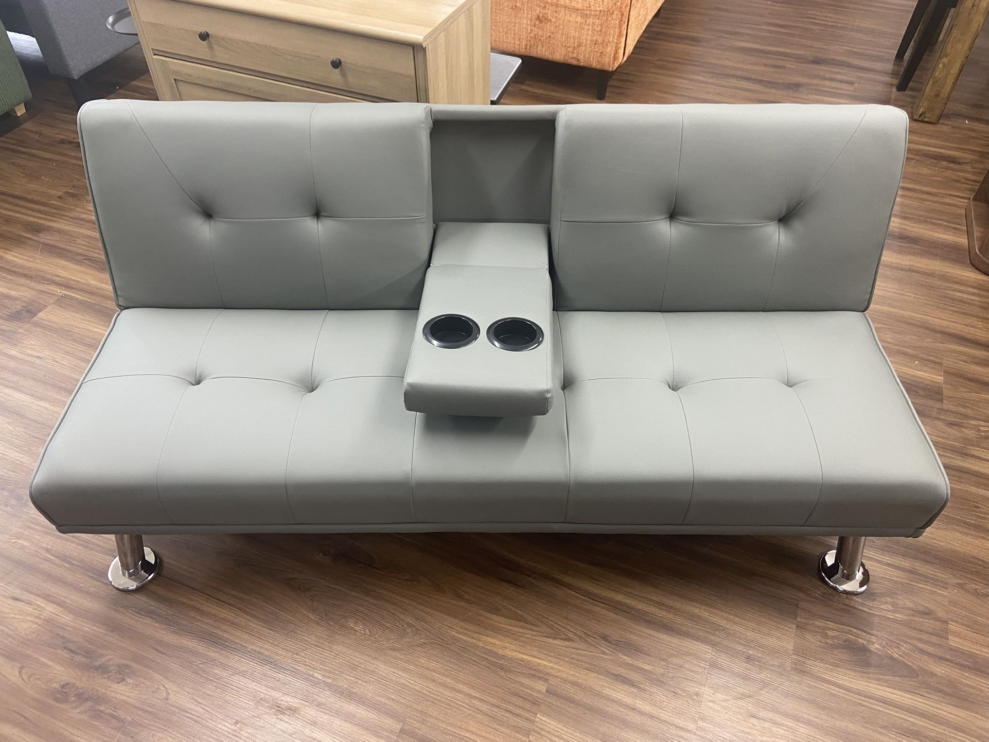 New Leather Reclining Futon with Cupholders and Pillows, Grey