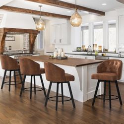 Counter Height Bar Stools Set of 4, 26" Swivel Faux Leather Upholstered Bar Stools with Backs and Metal Legs, Retro Counter Stools for Kitchen Island,