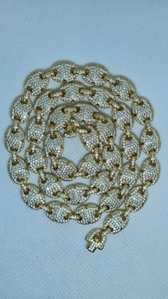 Gold Over 925 Sterling Silver Puff Chain With Genuine Moissanite 22 Inch 10.3 MM