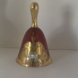 RUBY RED CRANBERRY BOHEMIAN CZECH FLORAL MOTIF HEAVY GOLD BELL