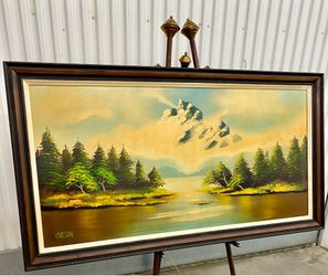 Vintage 1940’s wood frame oil on canvas “Mountain Mists" painting by J. Calson