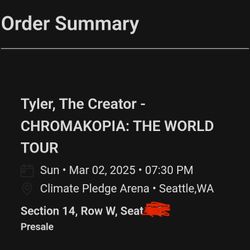 1 Tyler The Creator Tix For Sun 3.2 Night. Great Club Section Seats