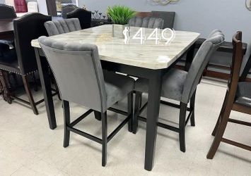 Elegant 5-pc dining table set white faux marble table top grey velvet upholstered Chairs