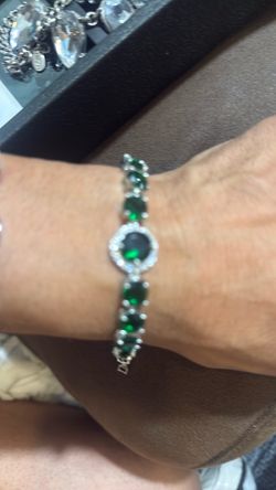 Green Stone Silver-Tone Tennis Bracelet