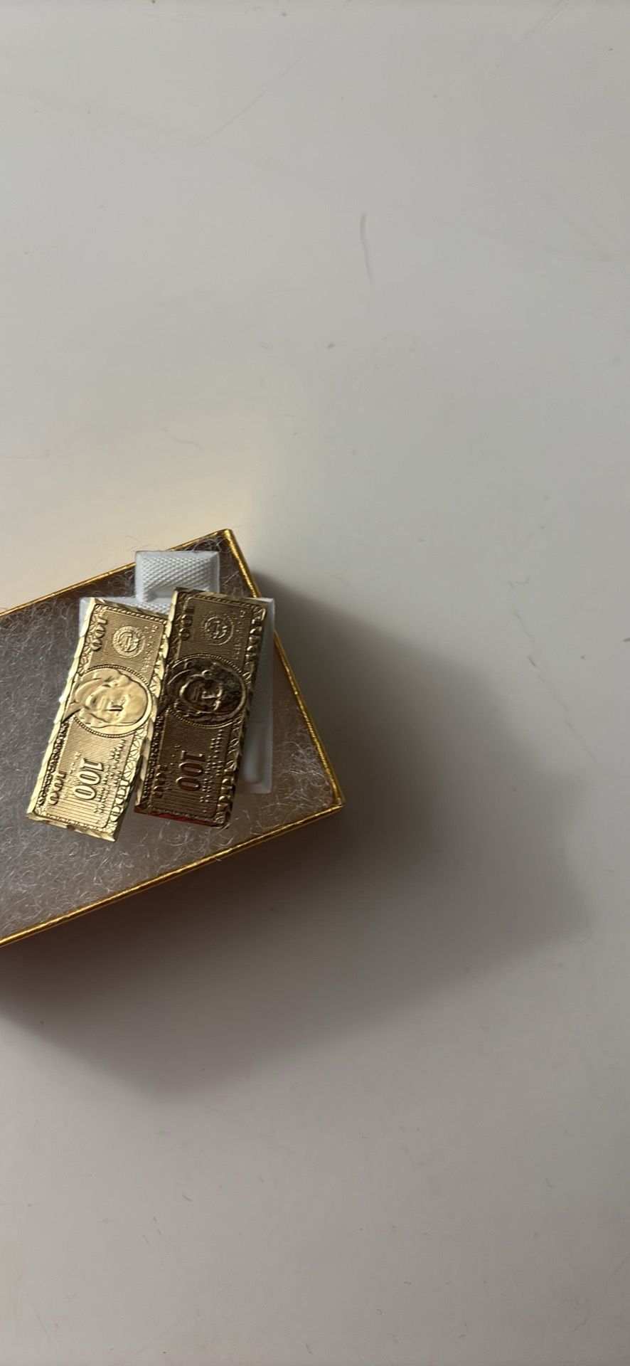 Gold Hundred Dollar Bill Earrings 10K Solid Yellow Gold Diamond