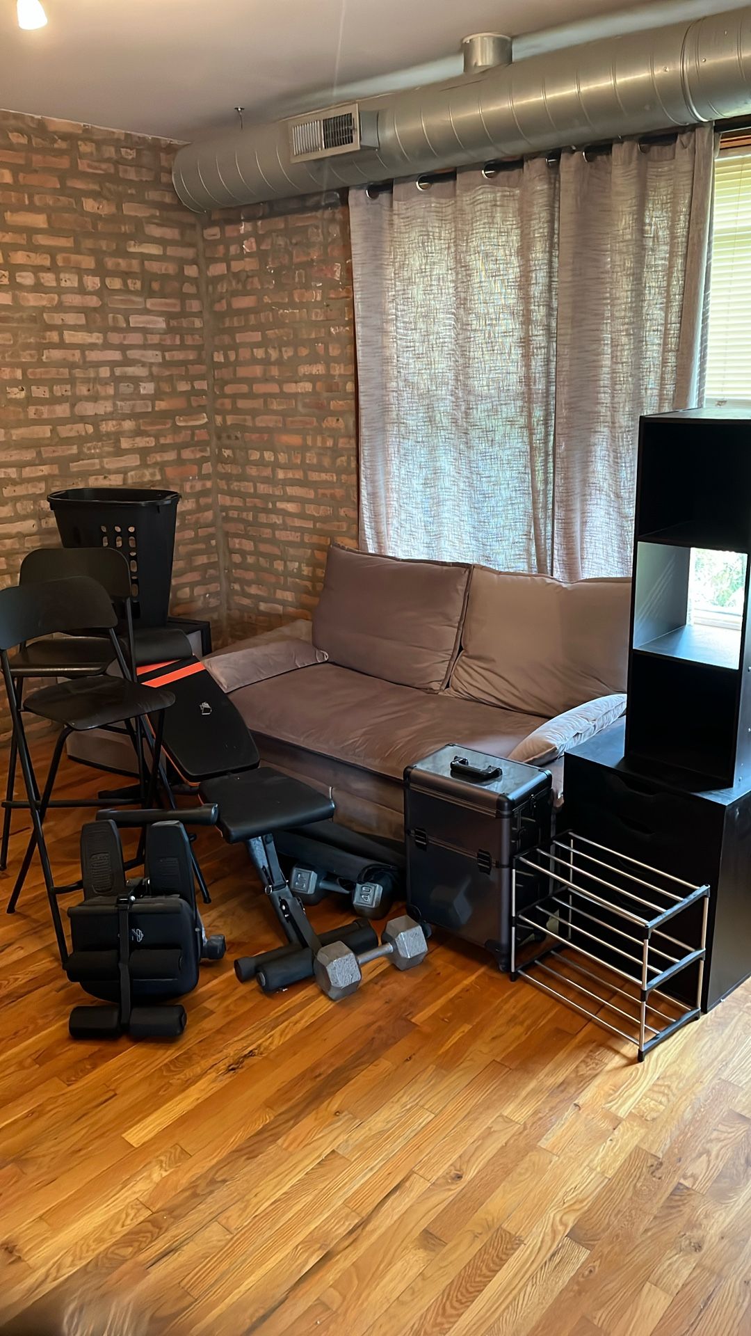 Sofa Bed, Workout Bench W/ 40 Lbs Dumbbells and 3 Storage Units. Selling As A Bundle!!!