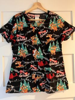 Rudolph the Red Nosed Reindeer Scrub Top Womens XS Black AOP Short Sleeve V-Neck