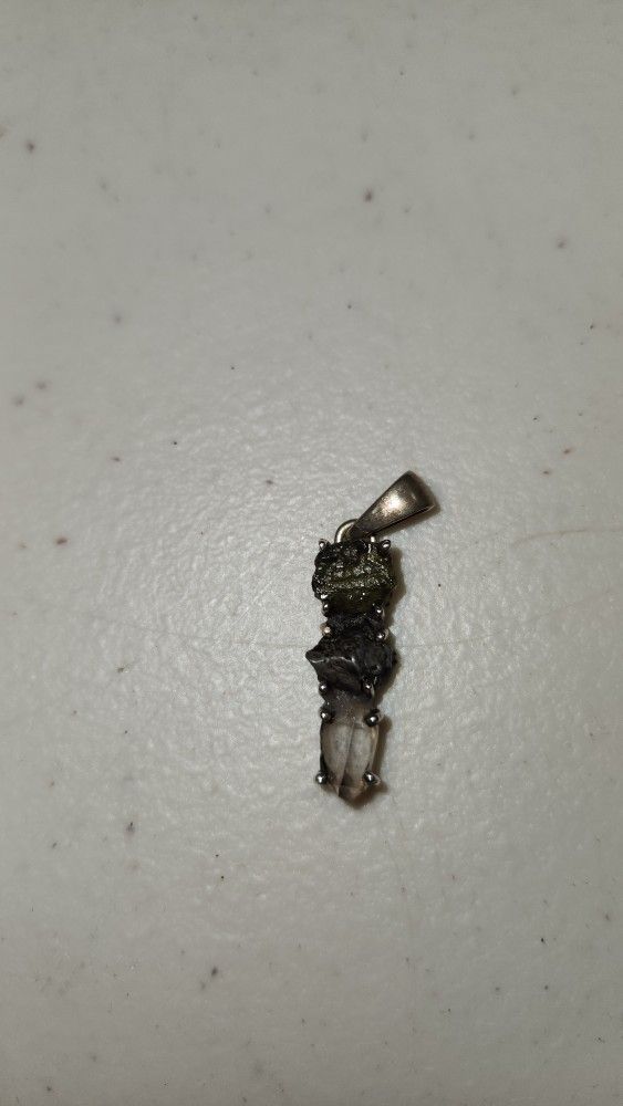 Moldavite, Meteorite, Herkimer- Starling Siliver Necklace Pendant.