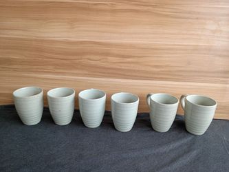 222 Fifth Studio Set of 6 Genuine Stoneware Coffee Mugs Sage Green Brown Striped
