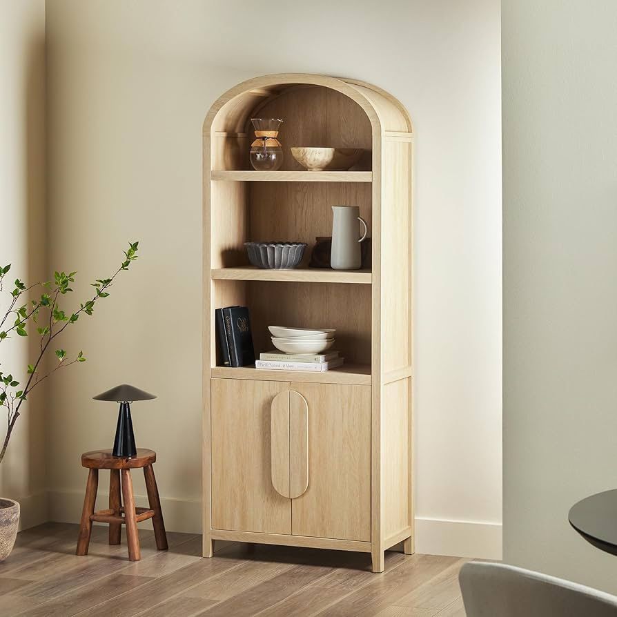 Chantelle Modern Arched Bookcase with Statement Wood Cabinet Pulls - Coastal Oak Material Wood Mounting Type Floor Mount Room Type Library