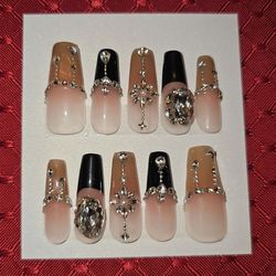 Press-On Nails | X-Long Coffin | Beige Ombre w/ Tan , Black Tips & Bling (#13)