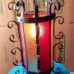 Vintage Wrought Iron Red/Amber Hanging Lamp