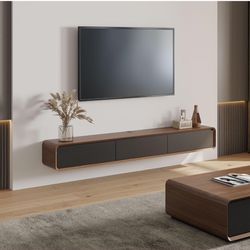 Minimalist Floating TV Stand, Modern Wall-Mounted Entertainment Center with 3 Drawers, Solid Wood, Walnut Veneer, Fully-Assembled, 78"