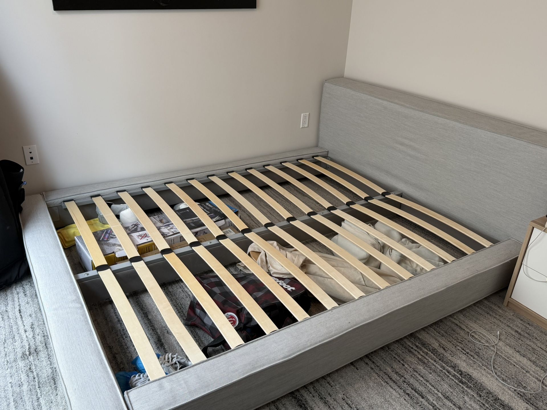 Queen Bed Frame - Grey Upholstered Low Profile