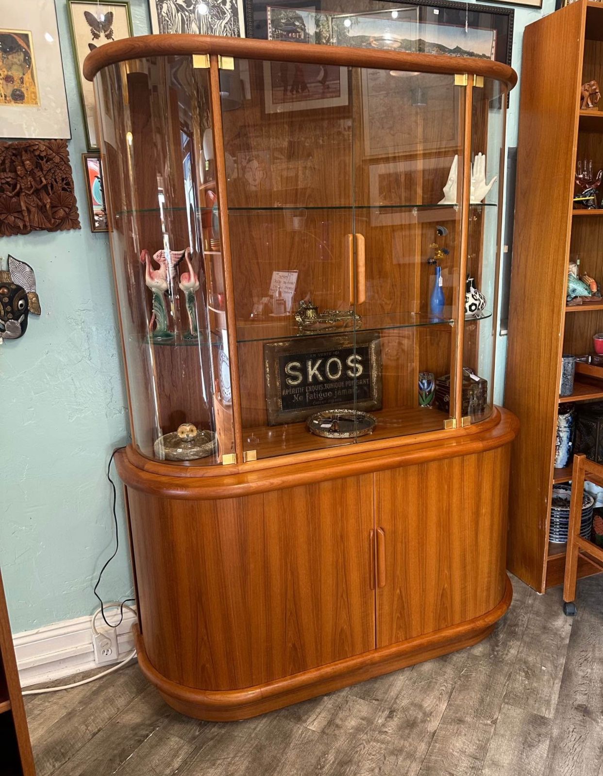Mid century teak tambour door credenza / display case
