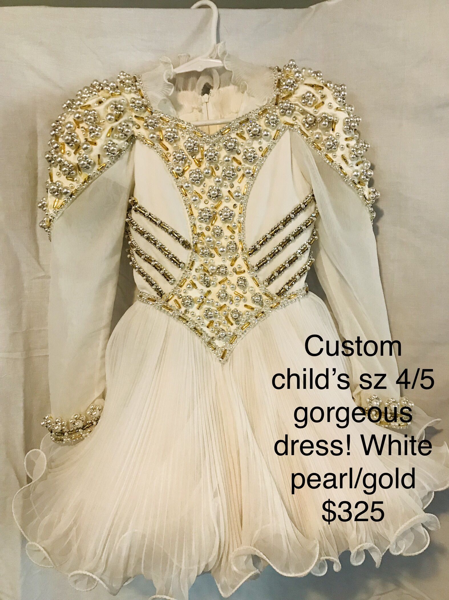 Custom White/pearl/gold Child Size 4/5 Pageant Dress, Beautiful Like New $300