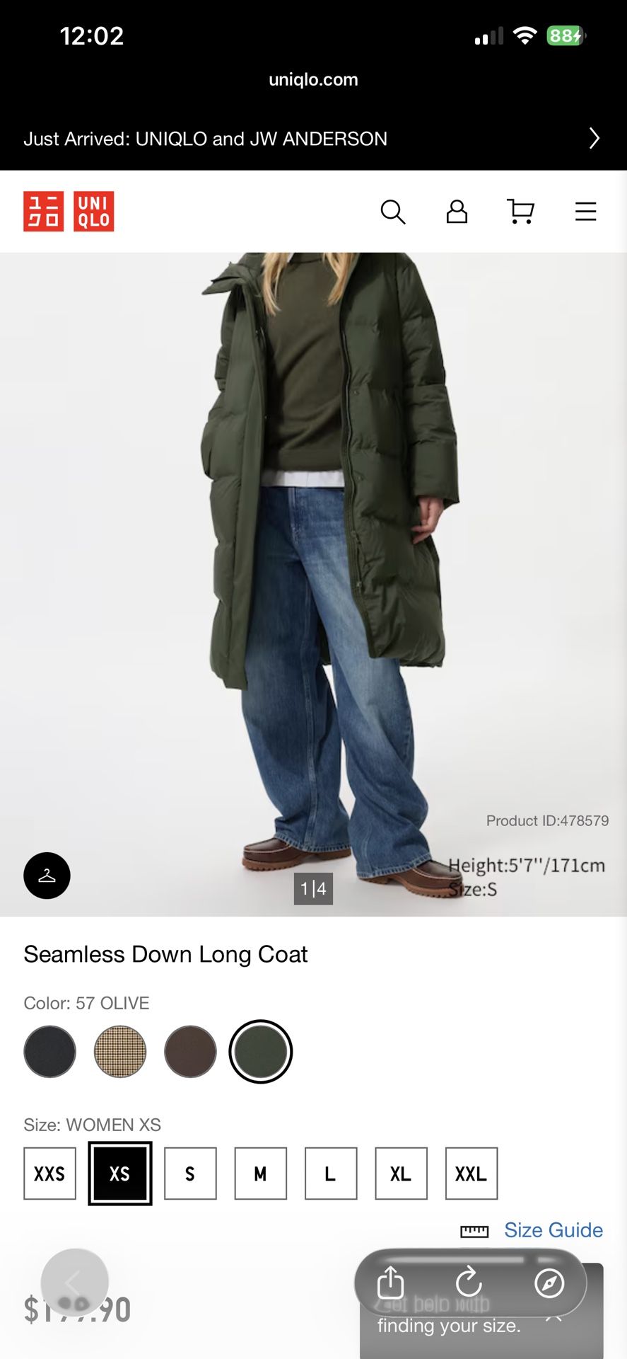 Womens Uniqlo Seamless 750 Down Long Puffer Coat Quilted Parka XS Dark Green NWT