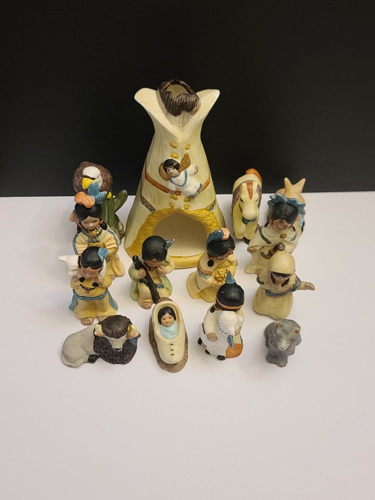 VINTAGE Christmas American Nativity Set Ceramic Figures 14pc Complete Set
