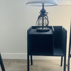 2 Black Side Tables + 2 Cage-Style Lamps — Matching Set