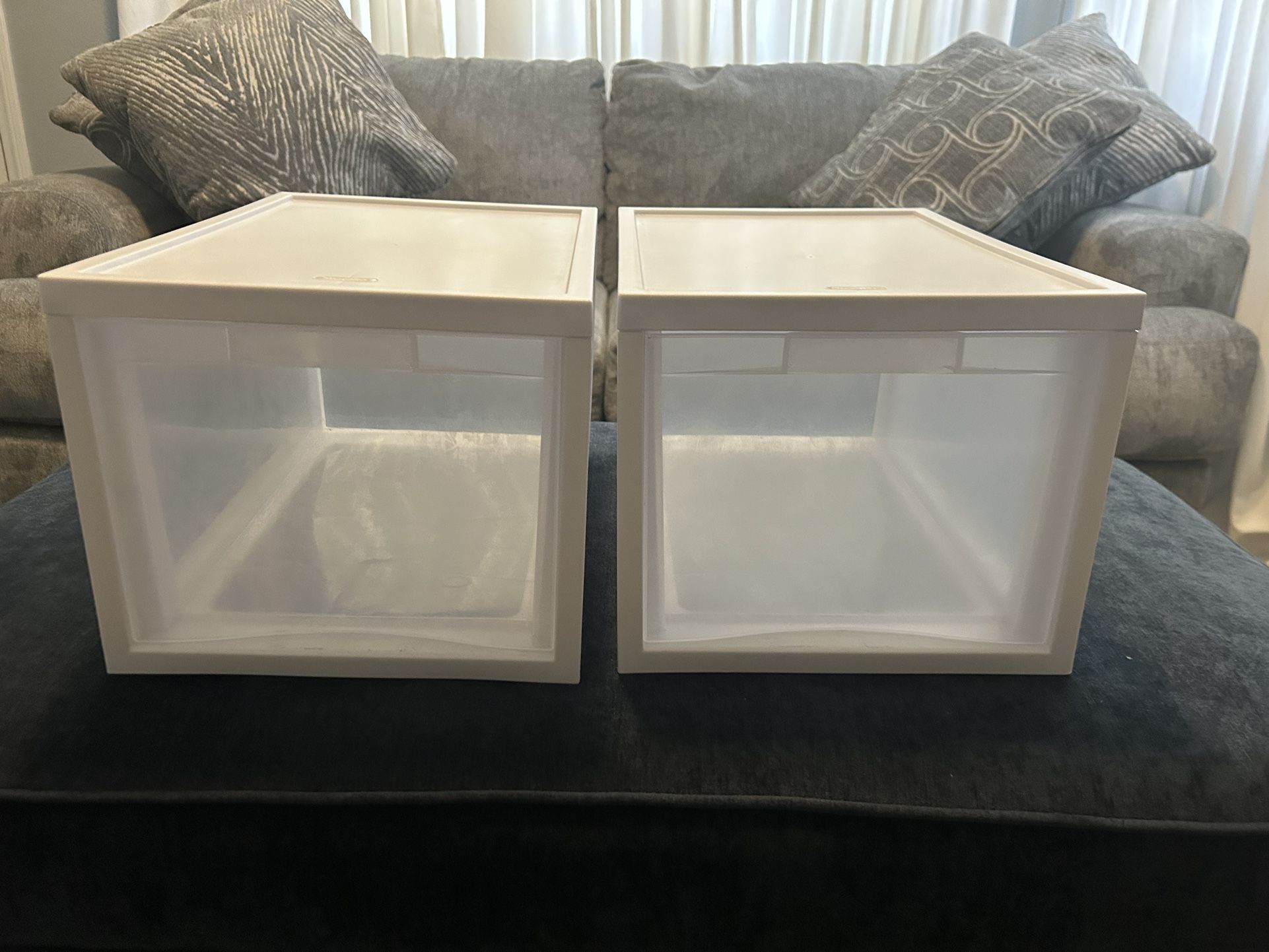 2 White clear Sterilite Plastic Stackable Storage organizing Container Bins w/Built-in Handles