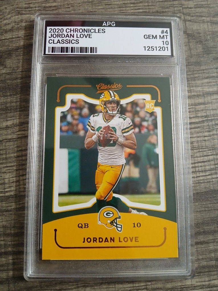 2020 Panini Chronicles Classics #CL 4 Jordan Love Rookie Card graded GEM MT 10 by APG. Quarterback for Green Bay Packers