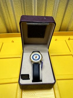 US Navy Quartz Analog Watch Gold Tone Black Leather Strap in Gift Box