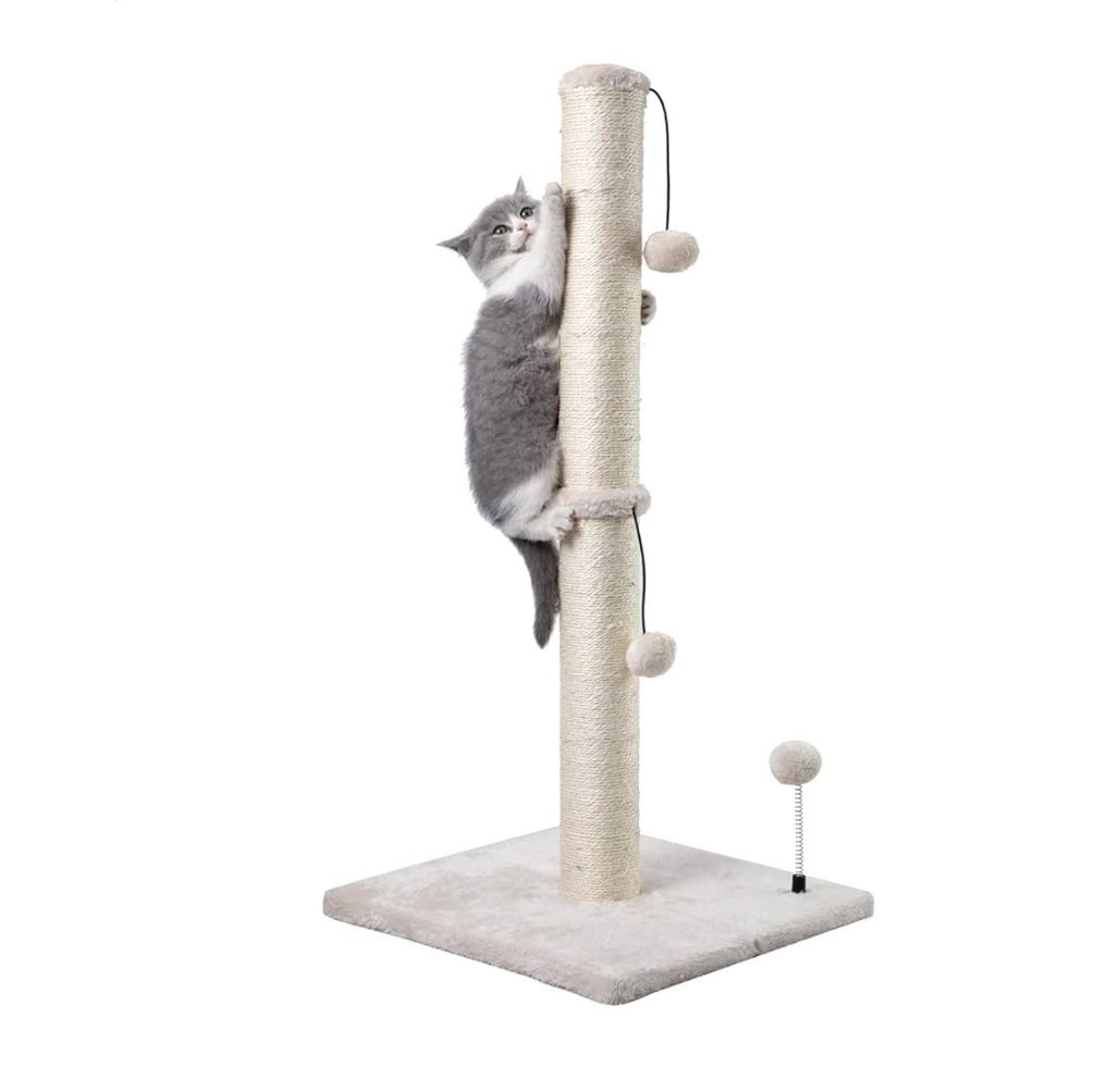 34-Inch Premium Tall Sisal Cat Scratching Post-Kitten Scratcher w/Hanging Ball Toy-Indoor Kitties