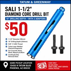 NEW SALI 1-1/2” Diamond Core Drill Bit 10” + 2 Adapters