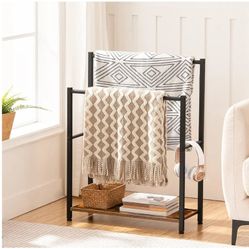 Free Standing Towel Rack for Bathroom, 22" L x 9.4" W x 31.5" H, 2 Tier Blanket Rack, Blanket Holder, Drying and Display Rack with Shelf, Rustic Brown