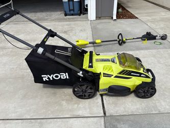Electric Ryobi lawn mower and weed wacker pair