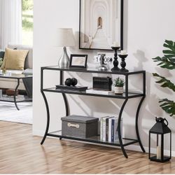 42 Inch Console Table, Narrow Sofa Side Table with 3 Tiers Storage Shelves for Living Room, Tempered Glass Entryway Table with Metal Frame for Bedroom