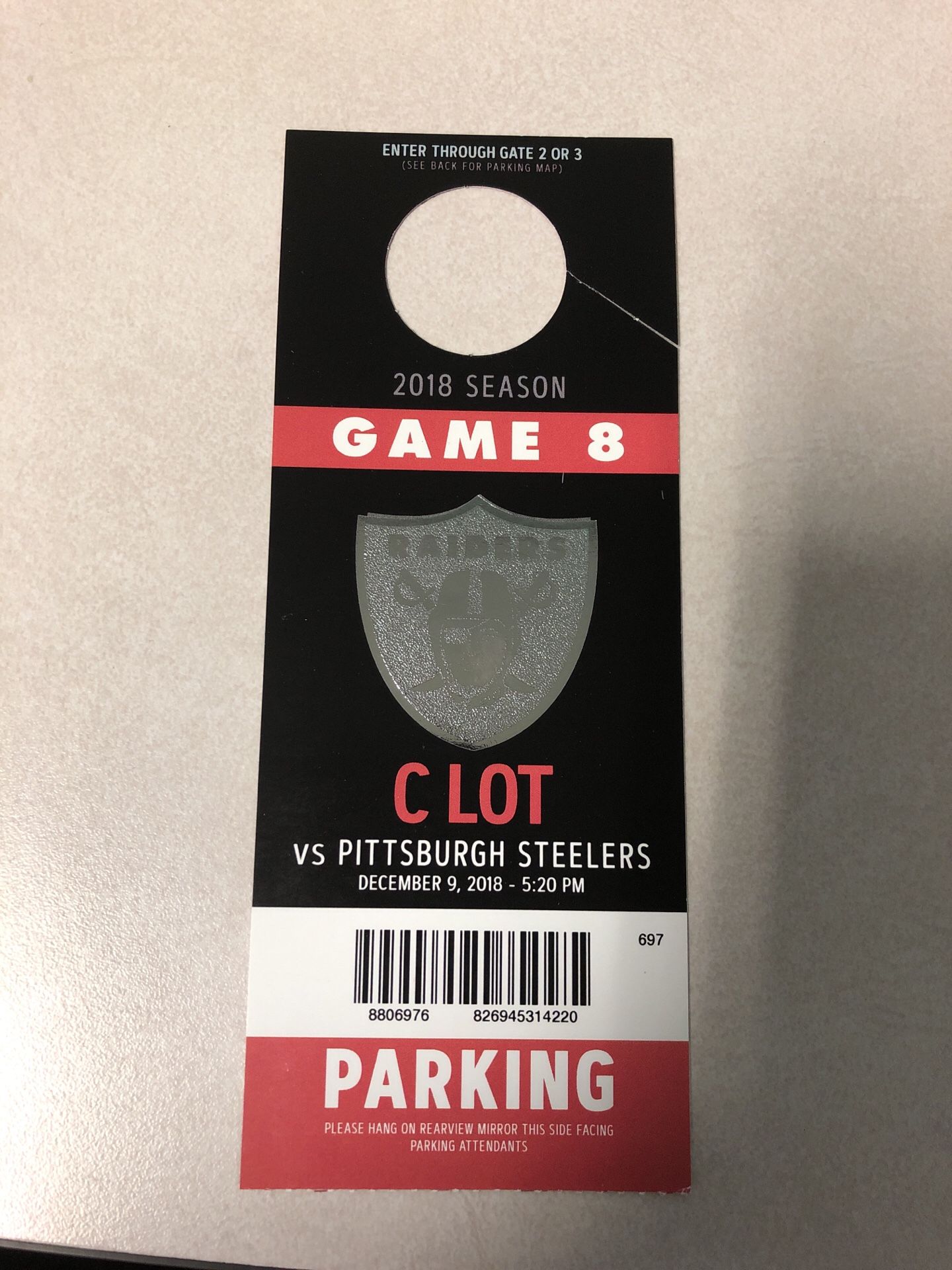 Raiders parking pass in Lot C