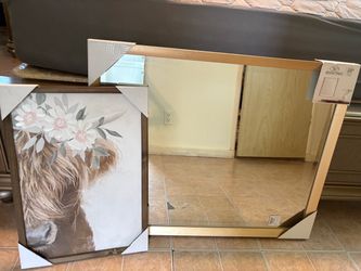 Highland Cow Canvas Art and Gold Framed Wall Mirror