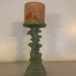 Vintage-Style Green Candle Holder with Ornate Scroll Design + Rustic Pillar Candle