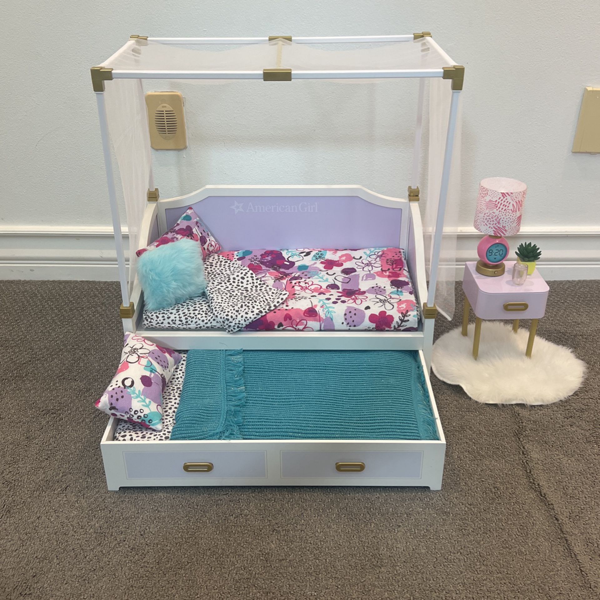 American Girl Doll Trundle Bed Plus Bed Side Table Set