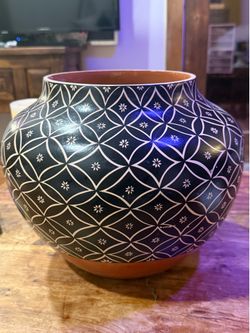 Large Handcrafted Black & Terracotta Pottery Vase | Geometric Design | Southwest / Modern Decor