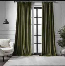 Gorgeous custom olive green velvet curtains - new - 55” x 87”