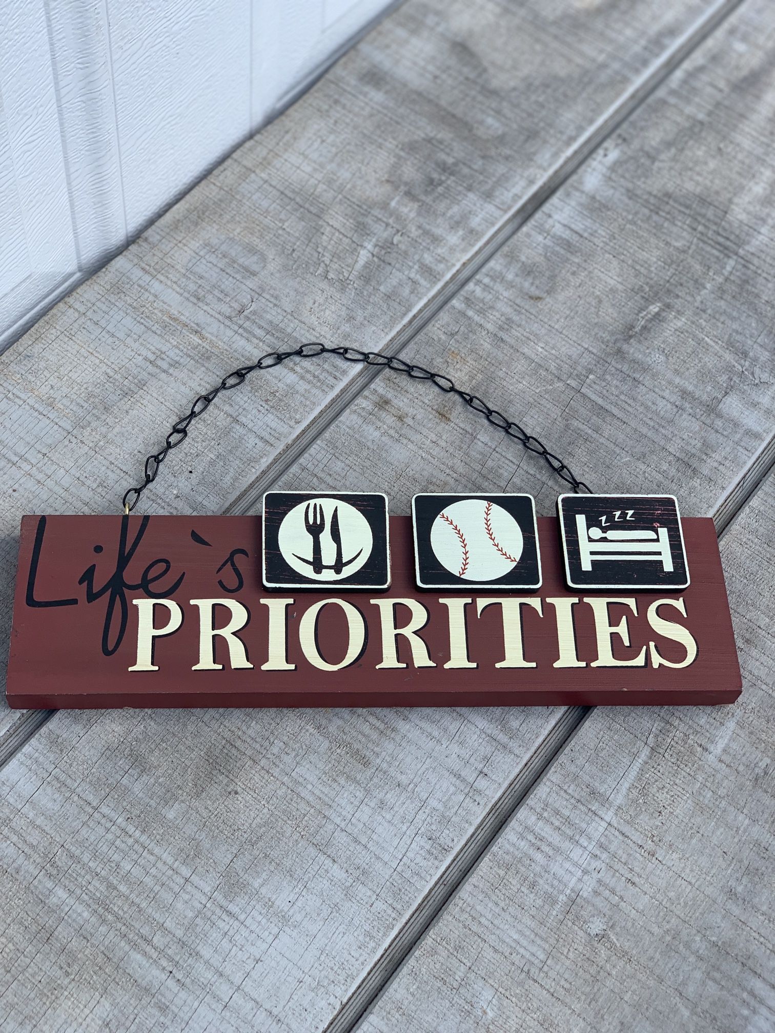 Vintage Wooden Sign “Life’s PRIORITIES” Food Baseball Sleep Humor Decor 14”